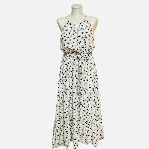 Ivory polka dot sleeveless racerback tiered ruffle hem maxi dress NWT size S - Picture 2 of 8
